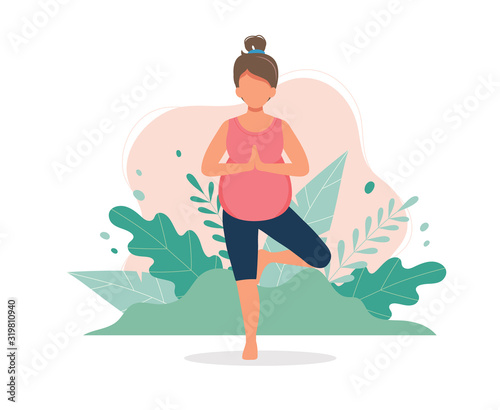 Pregnant woman doing yoga workout. Pregnancy health concept. Cute vector illustration in flat style