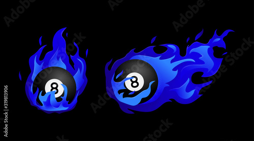 Flying black billiard eight ball in fire 