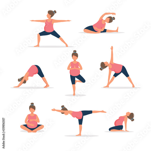 Pregnant woman practicing yoga, set of different poses. Healthy pregnancy. Vector illustration in flat style