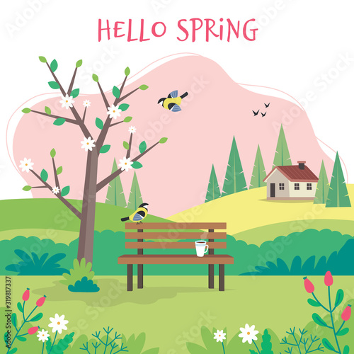Hello spring, landscape with bench, flourishing tree, house, fields and nature. Cute vector illustration in flat style