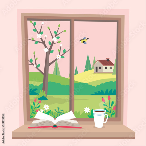 Spring window with view, a book and a coffee cup on the sill. Cute cozy vector illustration in flat style