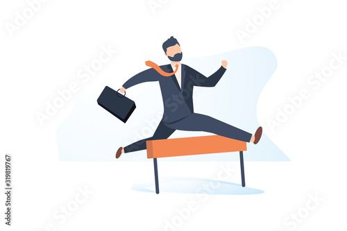 Confident businessman jumping over hurdle. Business concept of overcoming obstacles and achieving the goal, illustration