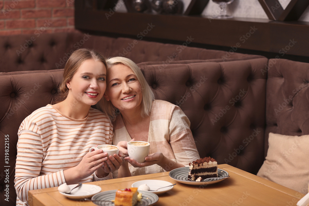 Fototapeta premium Mother and her adult daughter spending time together in cafe