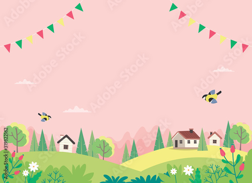 Spring landscape with houses, fields and nature. Decorative garlands. Cute vector illustration in flat style