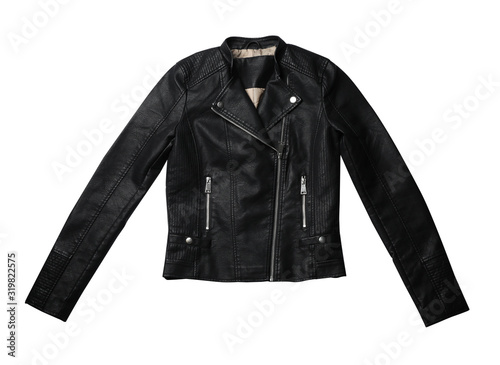 Stylish leather jacket isolated on white, top view