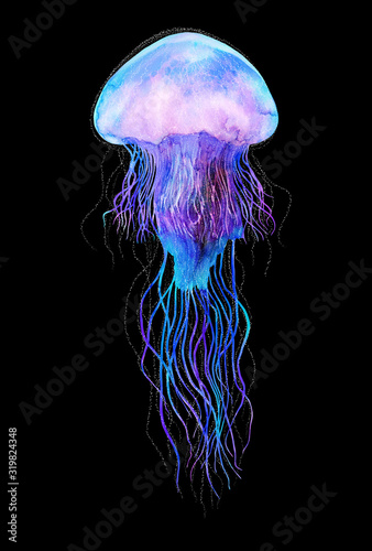Fototapet Watercolor jellyfish in modern bright neon colors isolated on black background u