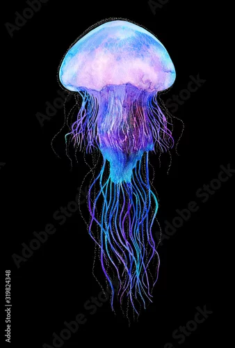 Obraz Watercolor jellyfish in modern bright neon colors isolated on black background underwater vivid illustration in large size Design element in magic style, purple blue violet glow pink fluid colorful