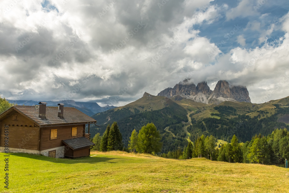 Mountain landscape of Sassolungo or Langkofel group, Dolomites mountains, Italy