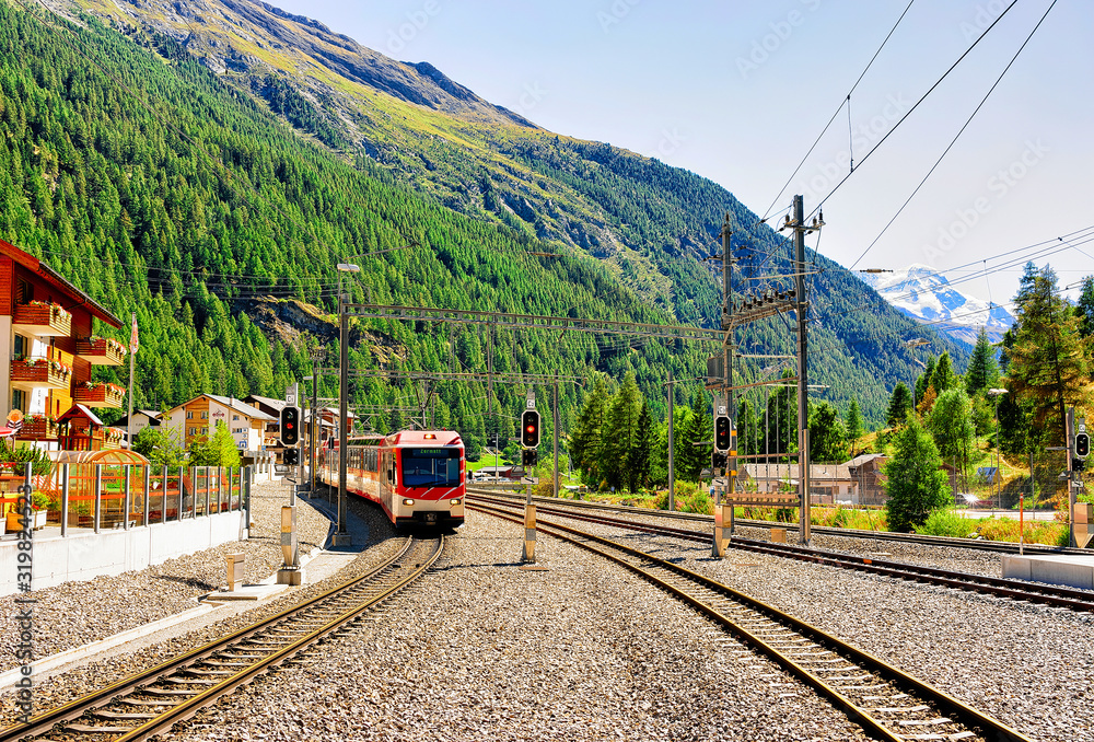 Zermatt, Switzerland - August 24, 2016: Train at Railway station in Zermatt, Valais canton, Switzerland.