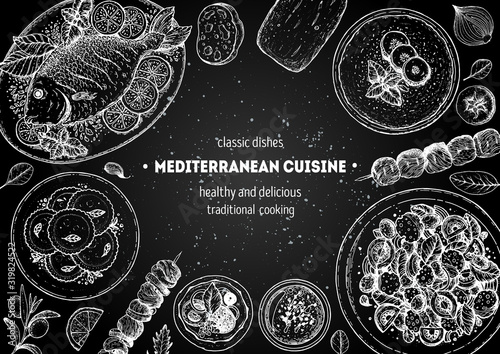 Mediterranean cuisine top view frame. A set of mediterranean dishes . Food menu design template. Vintage hand drawn sketch vector illustration