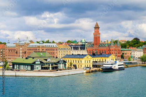 View from the Oresund bay to the port and town hall, Helsingborg, Sweden.