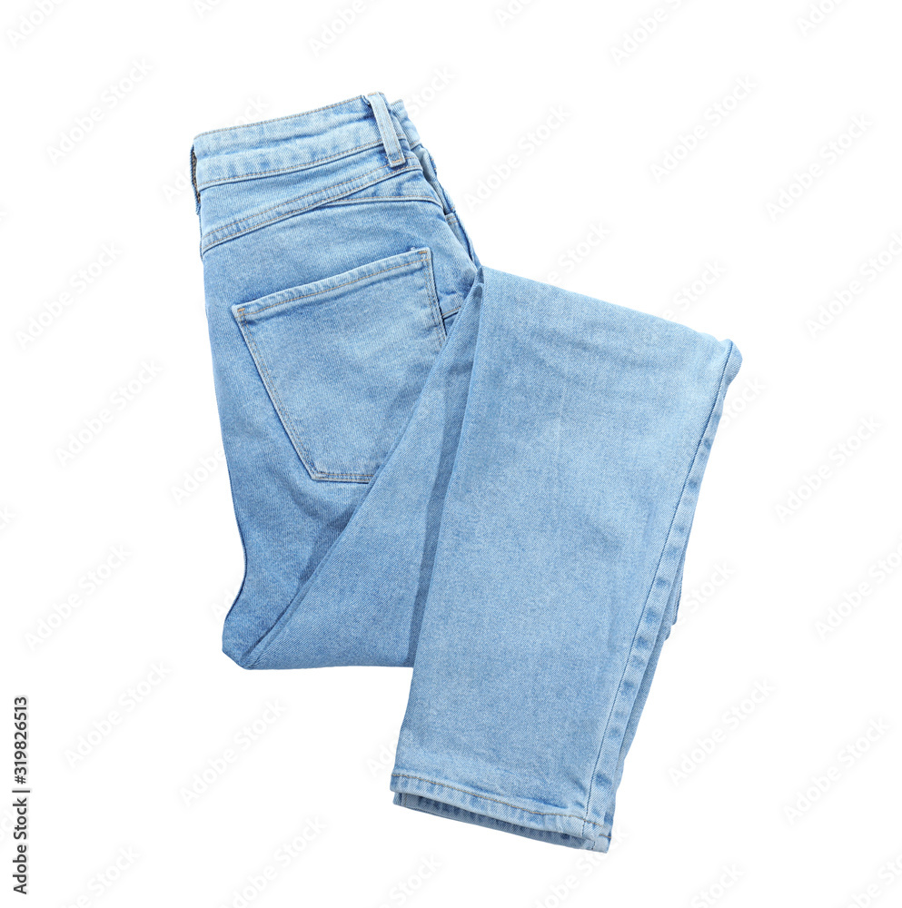 New stylish jeans isolated on white, top view