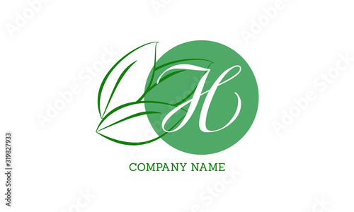Vector logo with green leaves. Handwritten monogram with initial letter H and elegant logo, wedding, fashion, business design.