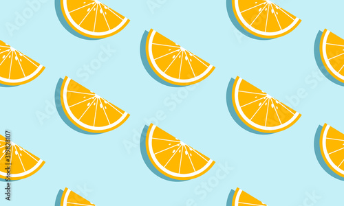 Seamless blue background with oranges slices with shadow. Vector illustration design for greeting card or template.