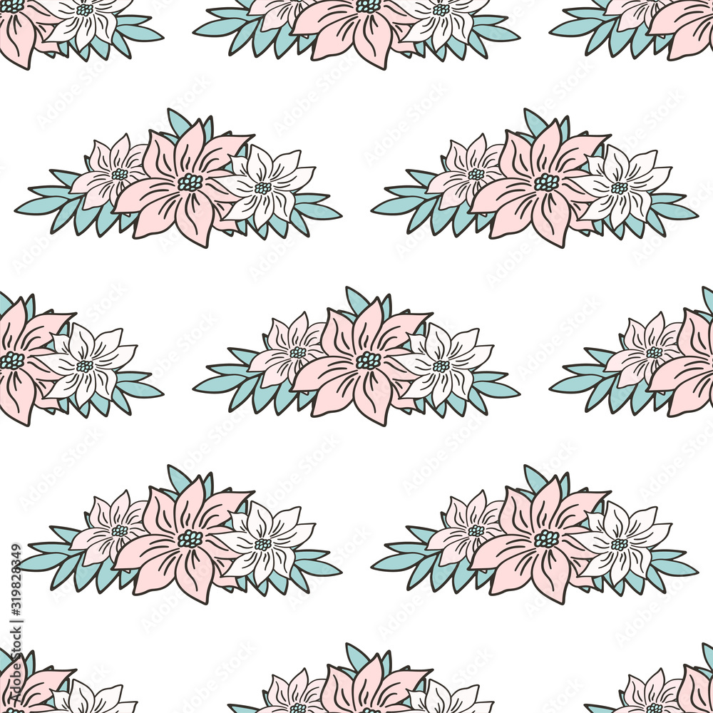 Hand drawn seamless pattern vector from a bouquet of pink flowers and leaves. Floral doodle illustration for Women's Day, room wall, greeting card, invitation, wallpaper, wrapping paper