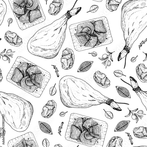 Spanish jamon hand drawn sketch. Food seamless pattern. Engraved illustration. Slices of jamon illustration. photo
