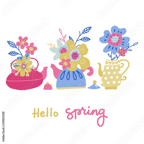 Set of bouquet of flower in the teapot set. Spring doodle flower. Teatime collection. Concept of tree teapots and cute flowers in flat vector style with hand lettering.