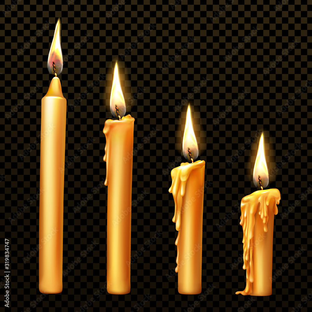 Burning candle with dripping or flowing wax, realistic vector