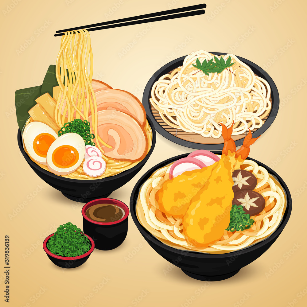 Japanese noodles ramen, udon and soba illustration vector. Stock