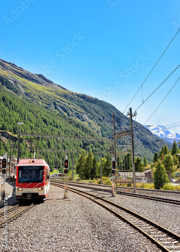Train at Railway station in Zermatt, Valais canton, in Switzerland.