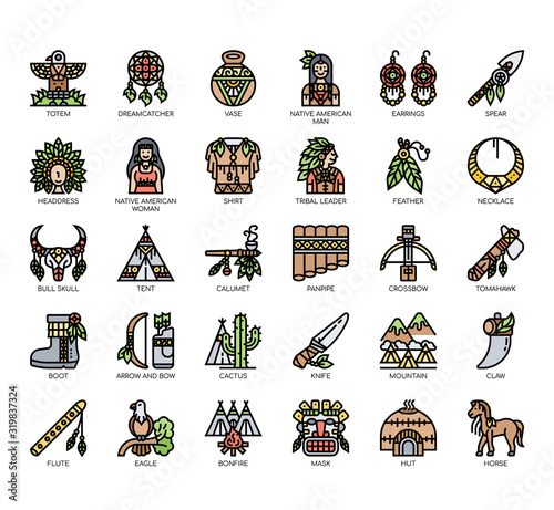 Set of native american thin line and pixel perfect icons for any web and app project.