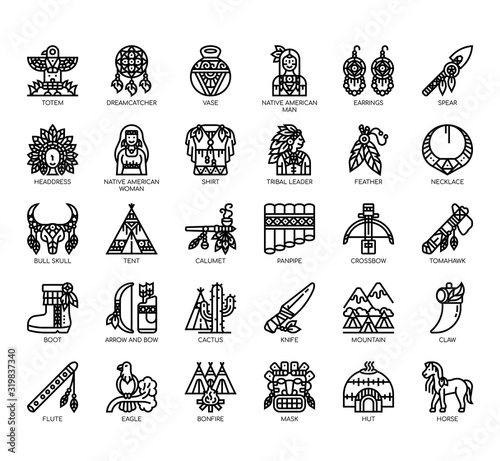 Set of native american thin line and pixel perfect icons for any web and app project.