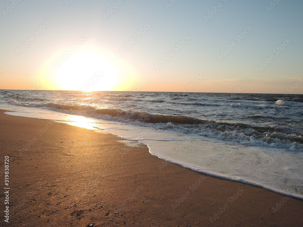 Soft Sea Ocean Waves Wash Over Golden Sand Background in summer