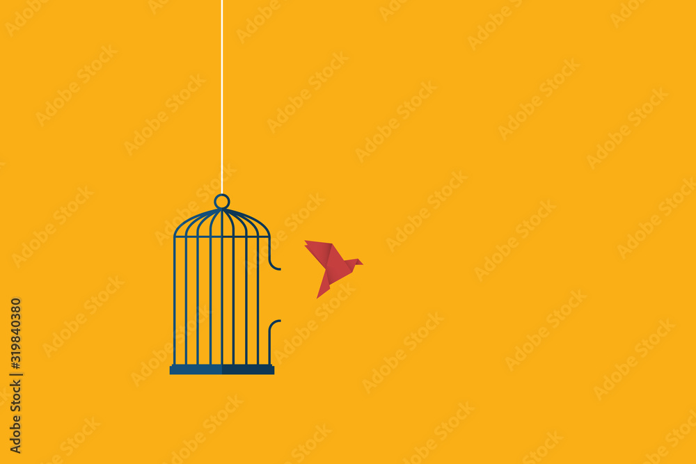 Flying bird and cage. Freedom concept. Emotion of freedom and happiness. Minimalist style. - obrazy, fototapety, plakaty 