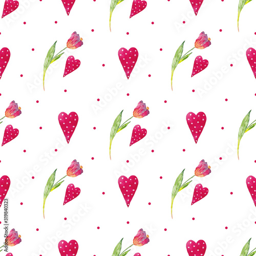 Seamless pattern of watercolor spring tulip flowers and hearts on a white background. Use for wedding invitations, birthdays, menus and decorations