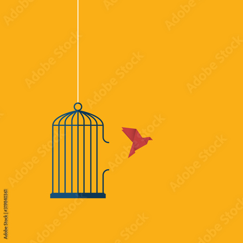 Flying bird and cage. Freedom concept. Emotion of freedom and happiness. Minimalist style.