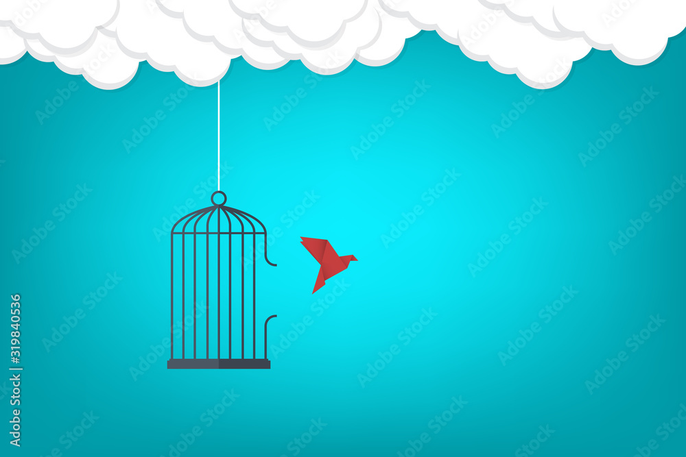 Flying bird and cage. Freedom concept. Emotion of freedom and happiness. Minimalist style. Flying bird and cage. Freedom concept. Emotion of freedom and happiness. Minimalist style.