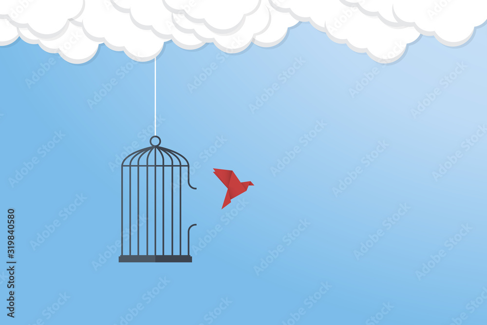 Flying bird and cage. Freedom concept. Emotion of freedom and happiness. Minimalist style. Flying bird and cage. Freedom concept. Emotion of freedom and happiness. Minimalist style.