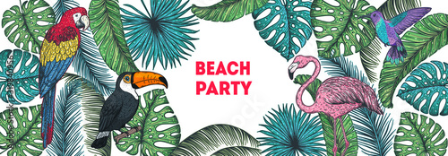 Tropical birds, palm leaves and flowers vector illustration.Toucan, flamingo, hummingbird and parrot. Tropical design template. Hello summer frame. Summer design.