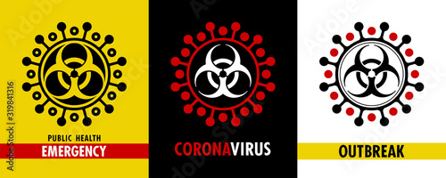 Coronavirus. Vector set of different icons and pictograms about epidemic outbreak. Original design. Biohazard symbol is inserted into spiked shape of new deadly virus. Alert and awareness stickers