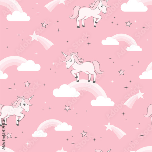 Seamless pattern with unicorns, rainbows and clouds. Childish print