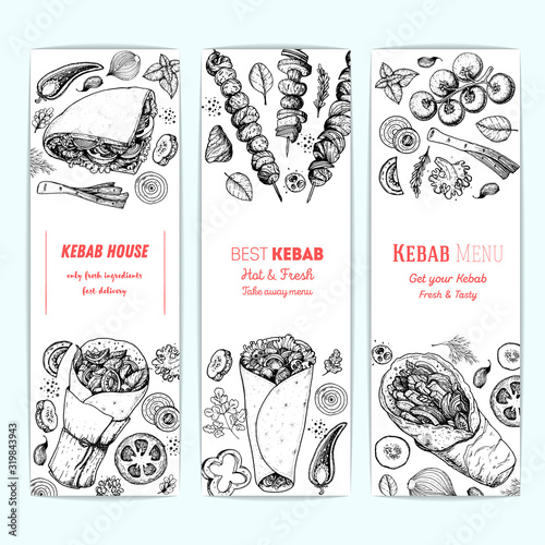 Doner kebab cooking and ingredients for kebab, sketch illustration. Arabic cuisine banner collection. Fast food menu design elements. Shawarma hand drawn. Middle eastern food.