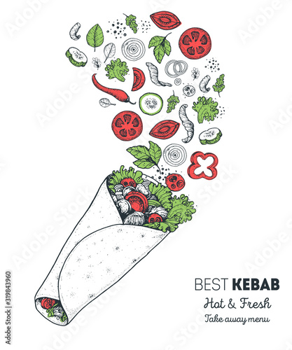Doner kebab and ingredients for kebab, sketch illustration. Flying salad concept. Arabic cuisine frame. Fast food menu design elements. Shawarma hand drawn. Middle eastern food.