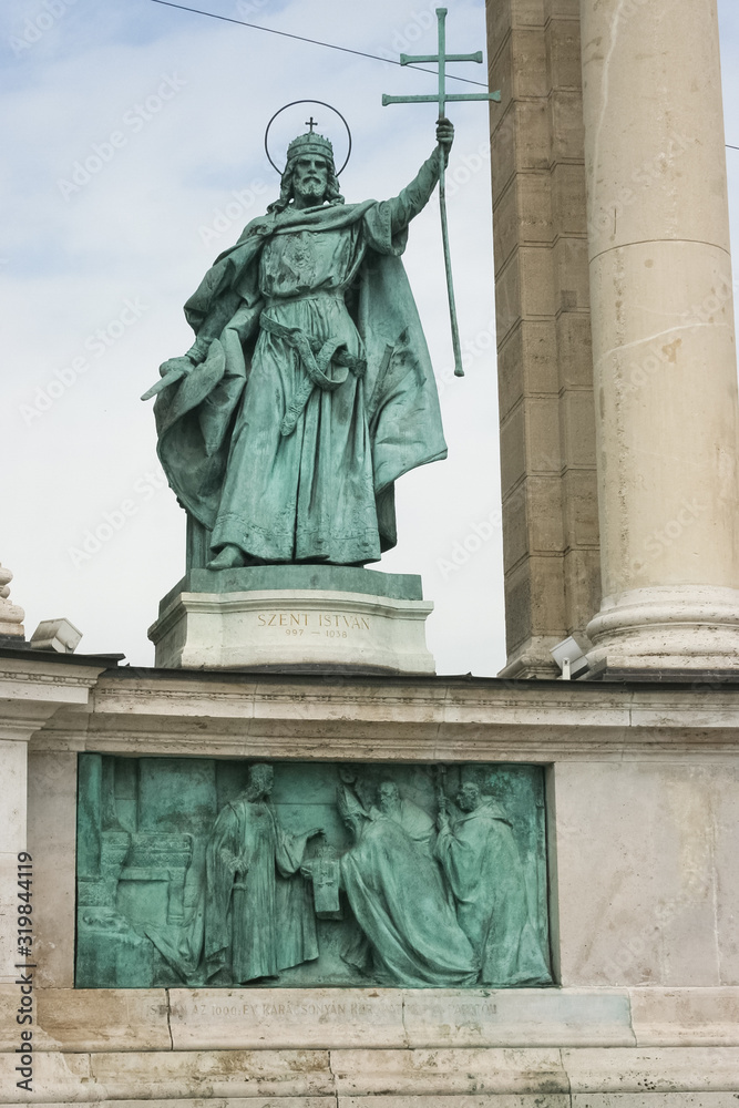 Statue of Saint Stephen on Heroes' Square, (hungarian: Hosok Tere) or Millennium Monument in the city of Budapest, Hungary