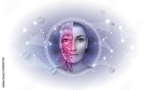 Facial muscles abstract design, woman face anatomy, abstract mesh triangles around the half of the face as a health care and anti age concept. photo