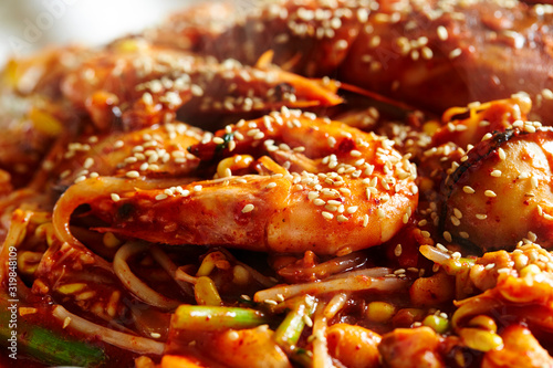 Korean spicy stir fried seafood dish 