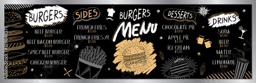 Vintage burger menu/ price list/ ordering board (burgers, french fries, desserts, drinks) - 200 x 60 cm