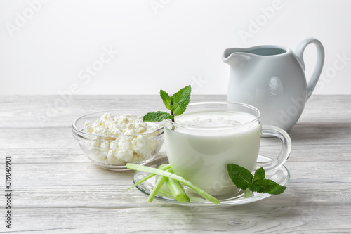Airan or kefir drink, fermented milk drink, fermented probiotics on a white background photo