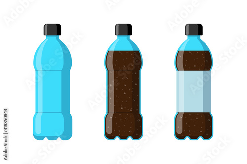 Plastic bottle set empty with soda beverage and label. Carbonated drink with bubbles in tare flat vector illustration