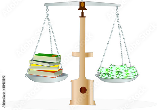 Books on the scales and money. Symbolizes the monetization of knowledge.