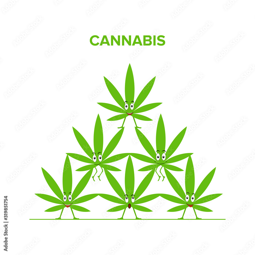 Cannabis, marijuana flat design concept. Cartoon funny character. Funny smiling happy marijuana. Green leaves icon. Vector illustration isolated on a white background.