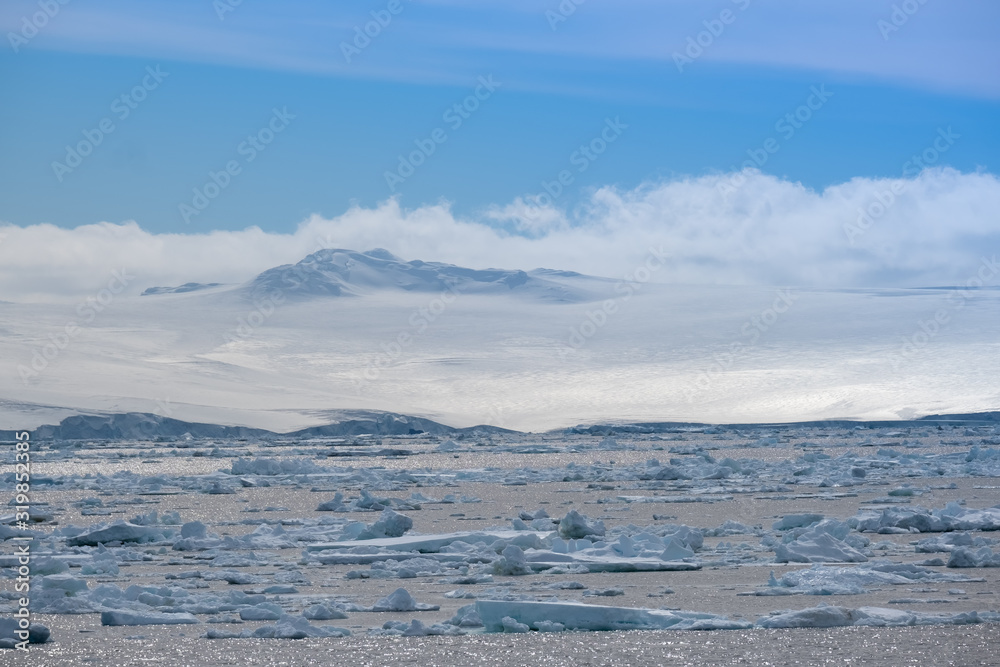 Ice-locked beach making landing at Brown Bluff impossible, Atarctic Penisunsula, Antarctica
