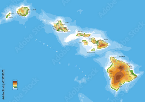 Hawaii islands physical map
