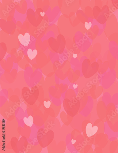 Vertical pink and red bright vector background with red love hearts of different shades.