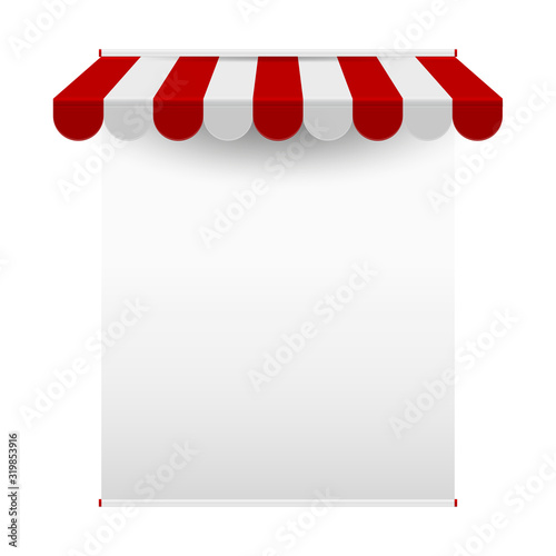 Announcement textile banner mockup. Commercial vector awning. Market, cafe, or restaurant desing element. Promo design template. Striped awning isolated on white background.