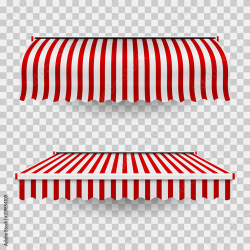 Set of commercial vector awnings. Market, cafe, or restaurant desing elements. Red and white striped awning isolated on transparent background.
